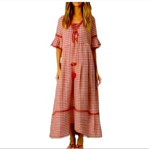 POL Clothing Red White Plaid Gingham Prairie Boho Dress Women's‎ Small NEW